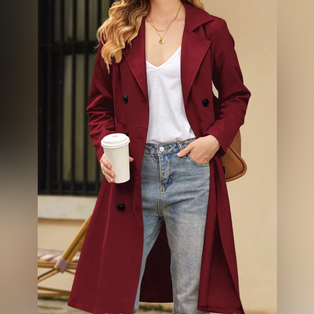 Zeagoo Wine Red,Burgundy Double Breasted Trench Coat w/Belt & pockets Size M